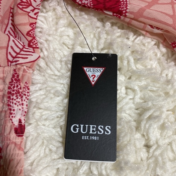 GUESS  CYPRESS RED PUFFED SLEEVES MAUVE PRINT SMOCKED MINI DRESS Sz ME… - Picture 8 of 16